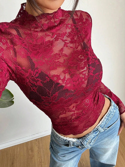 Damen Transparente Spitzenbluse | Elegantes Floral-Muster mit Ausgestellten Ärmeln 5