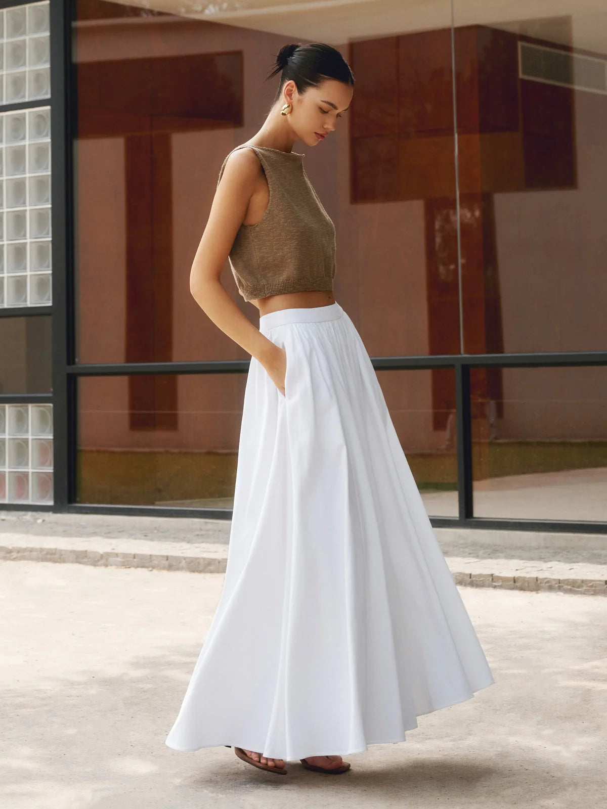 Damen Viskose-Leinen Faltenrock | Eleganter Maxi Rock mit Seitentaschen 0