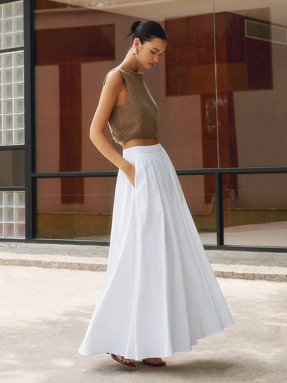 Damen Viskose-Leinen Faltenrock | Eleganter Maxi Rock mit Seitentaschen 0