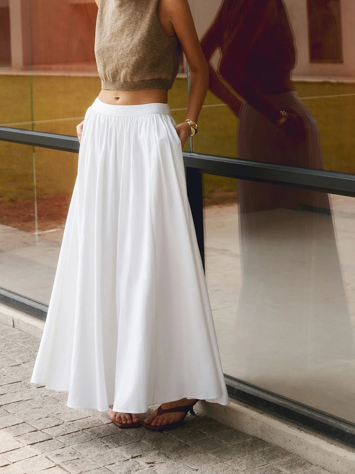 Damen Viskose-Leinen Faltenrock | Eleganter Maxi Rock mit Seitentaschen 1