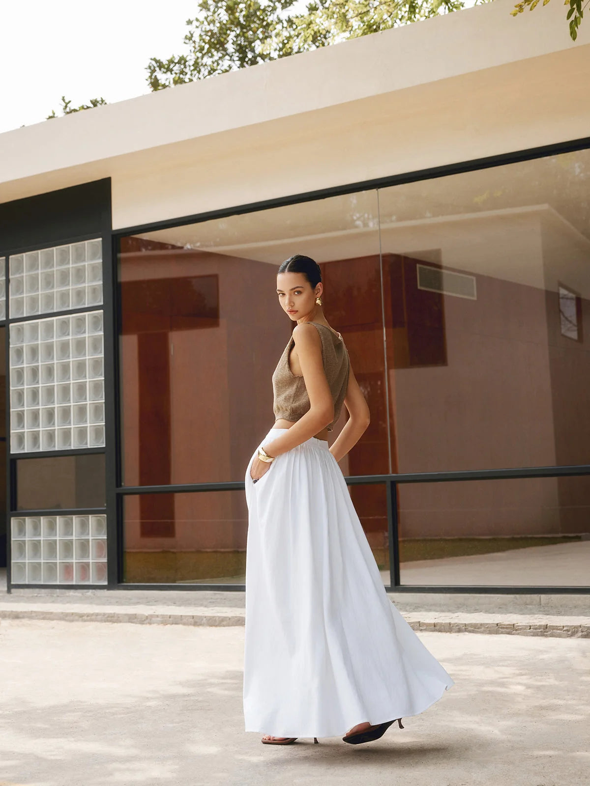 Damen Viskose-Leinen Faltenrock | Eleganter Maxi Rock mit Seitentaschen 2