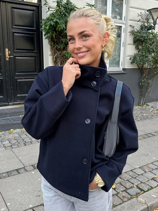 Damen Wollmischung Peacoat | Elegante Minimalistische Jacke