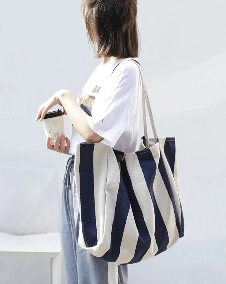 Klassische Canvas-Tote | Gestreifte Einkaufstasche mit Langen Griffen für Komfort und Stil