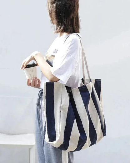 Klassische Canvas-Tote | Gestreifte Einkaufstasche mit Langen Griffen für Komfort und Stil