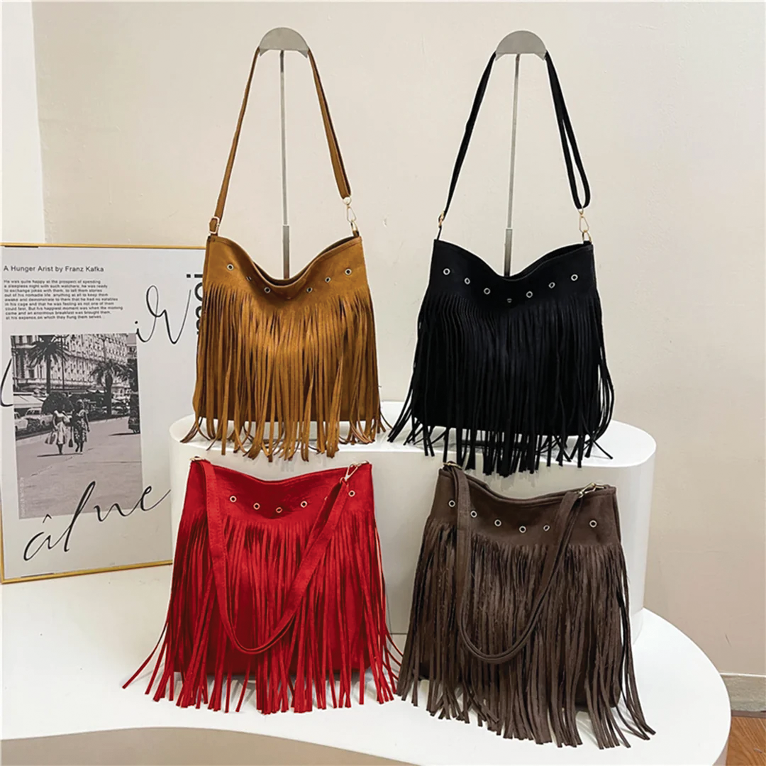 Maria | Umhängetasche aus Wildlederimitat mit Fransen | Stilvolle Slouchy Hobo-Tasche für den Alltag